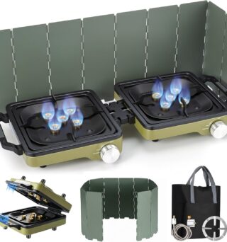 2-Burner Portable Propane Camping Stove with Windshield, 30000 BTU Foldable Gas Stove with Independently Adjustable Heat Coffee Stand & Carry Bag, Gas Stove for Cooking, Tailgating, Camping Essentials